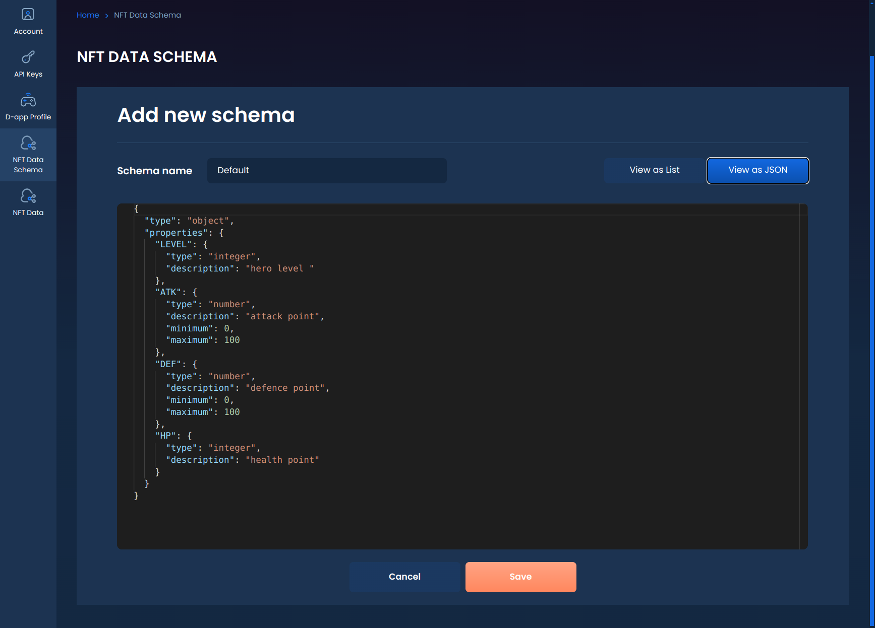 Console data schema in JSON